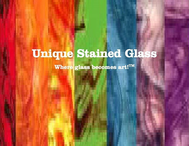Rainbow panels of stained glass in red, orange, yellow, green, blue, and purple.